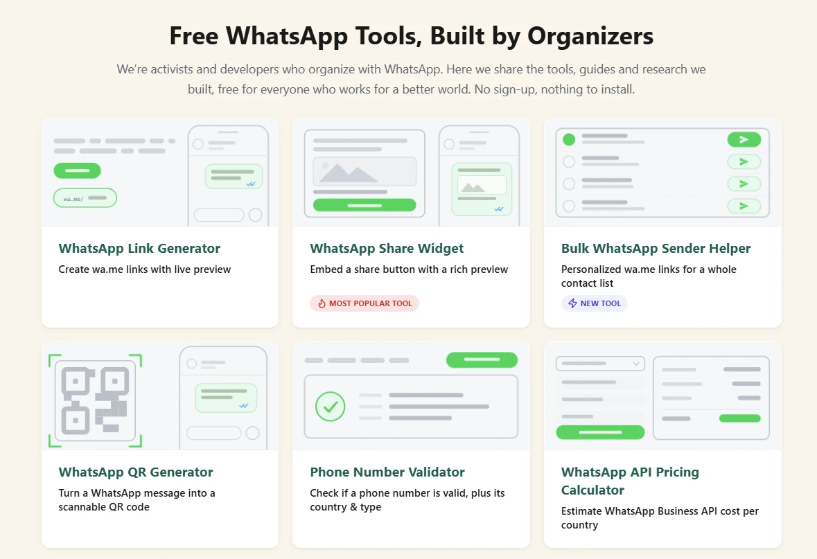 WhaTools homepage: free WhatsApp tools such as a link generator, share widget, bulk sender helper, QR generator, phone number validator and API pricing calculator